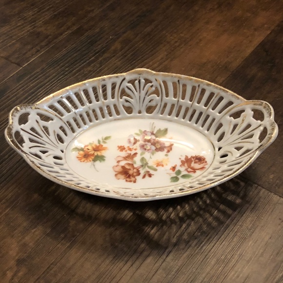 ACS Bavaria Reticulated China Porcelain Oval Candy, Nut Dish Floral Gold Vintage - Picture 1 of 11